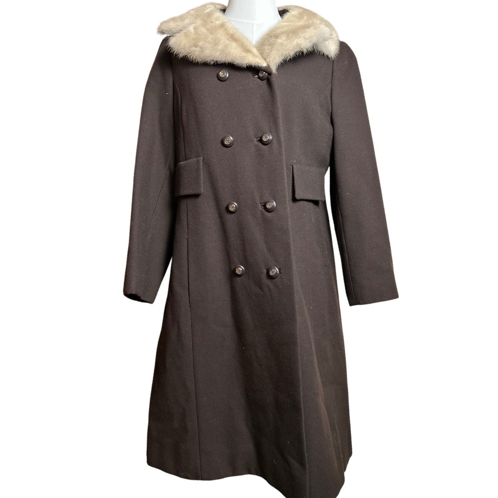 Vintage Shagmoor Brown‎ Wool Coat Faux Fur Collar Double Breasted 100% Pure Wool